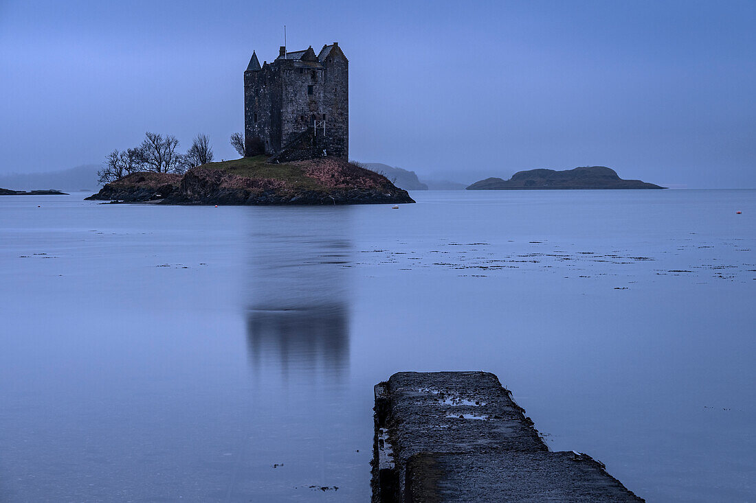 Castle Stalker and Loch Linnhe, near Appin, Argyll, Scottish Highlands, Scotland, United Kingdom, Europe