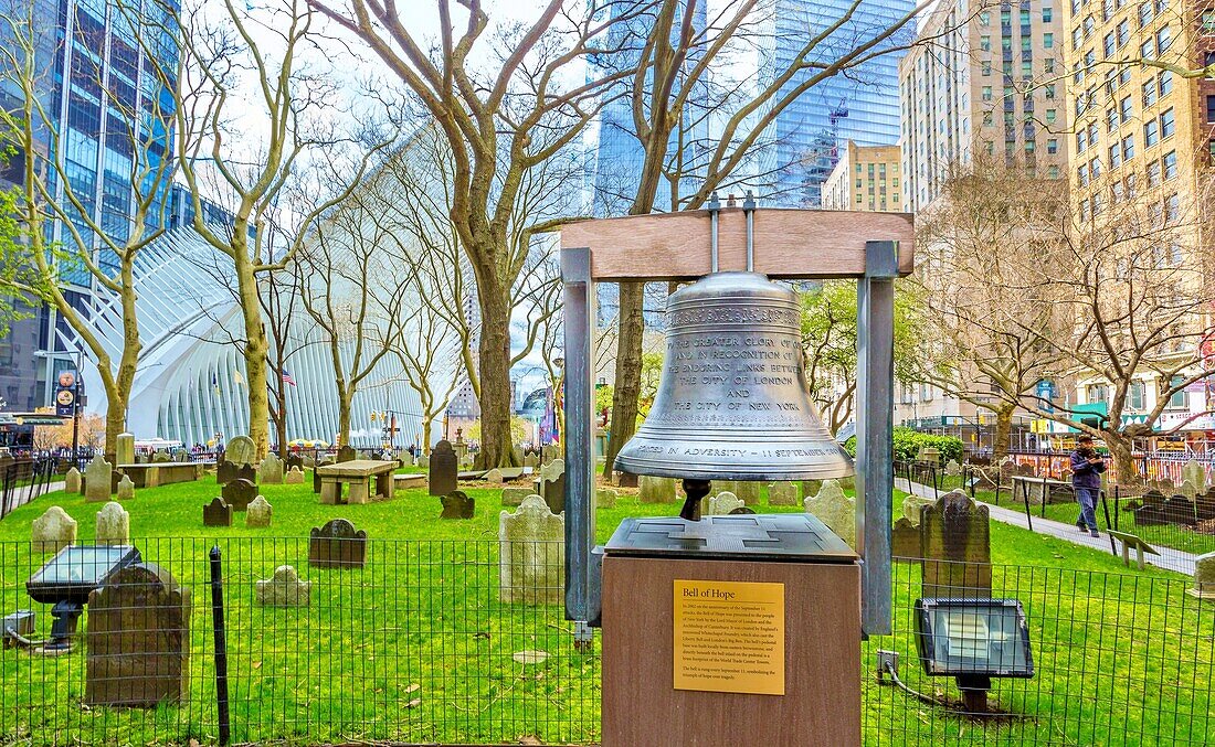 The Bell of Hope gifted in 2002 by a church in London in memory of those killed in the 9/11 terrorist attacks, outside St. Paul's Chapel, the oldest surviving public building in the city, New York City, United States of America, North America