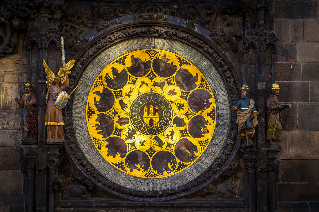 Detail of decorated circle and statues at Astronomical Clock at Old Town Square, UNESCO World Heritage Site, Old Town, Prague, Czechia, Europe