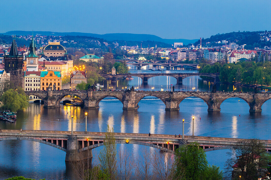 Bridges over Vltava River as seen from Letna Park at twilight, Prague, Czech Republic (Czechia), Eurpe