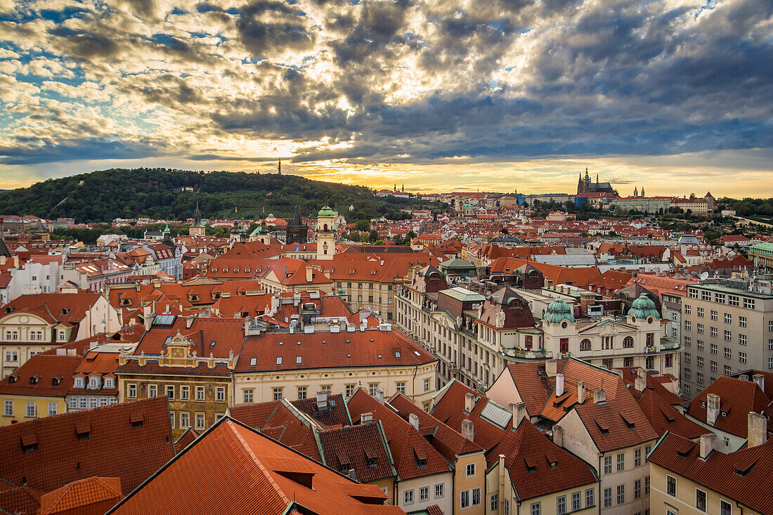 Aerial view of Old Town with distant view of Prague Castle as seen from Powder Tower, UNESCO World Heritage Site, Prague, Czechia, Europe