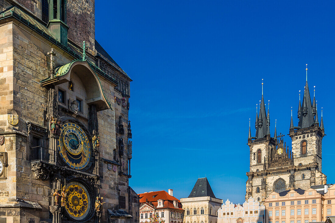 Astronomical clock and The Church of Our Lady Before Tyn on Old Town Square, UNESCO World Heritage Site, Prague, Czech Republic (Czechia), Europe