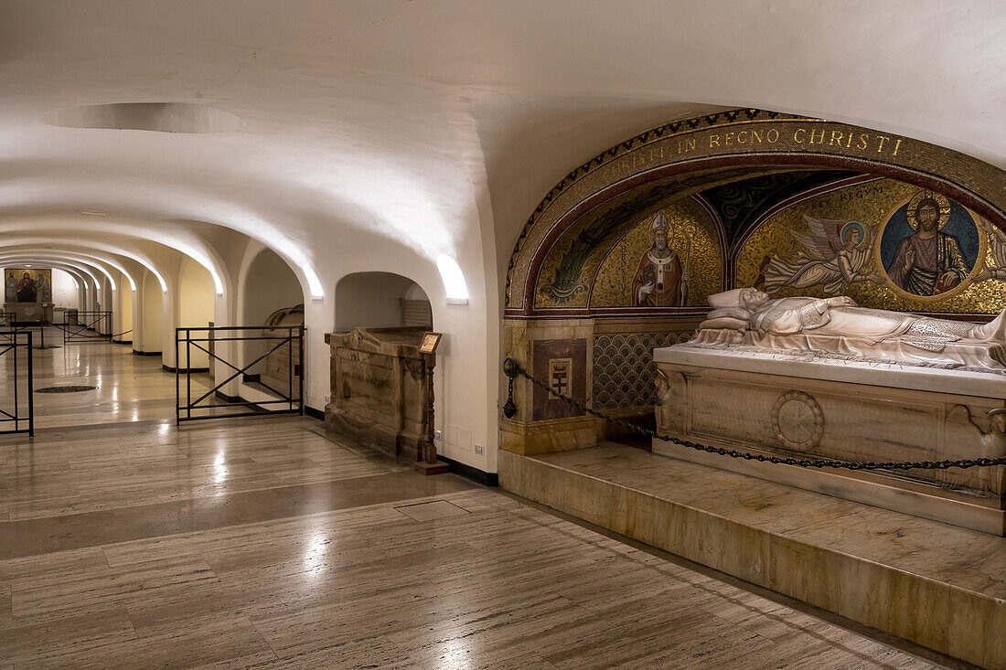 Detail of the Tomb of Pius XI, located within the Vatican Grottoes beneath St. Peter's Basilica in Vatican City, UNESCO World Heritage Site, papal enclave in Rome, Lazio, Italy, Europe