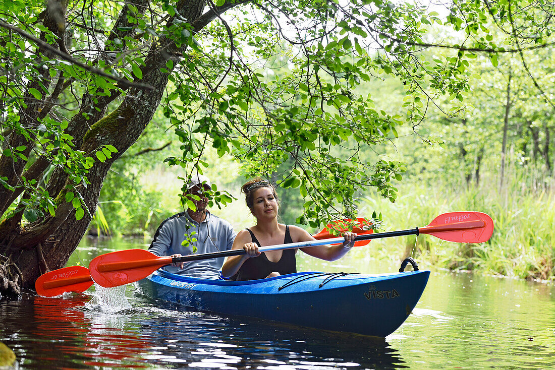 Canoe trip on a branch of the river connecting the lakes Almajas and Asekas around Ginuciai, Aukstaitija National Park, Lithuania, Europe