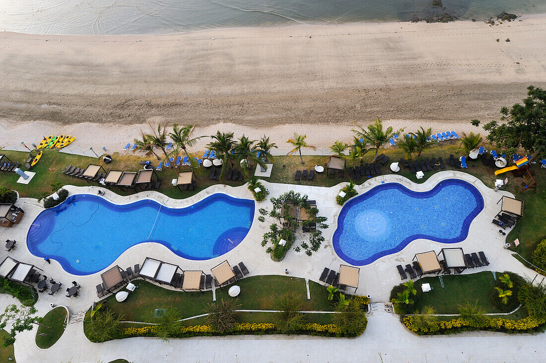 Aerial of swimming pool by the beach of the Westin Playa Bonita hotel, Panama City, Republic of Panama, Central America