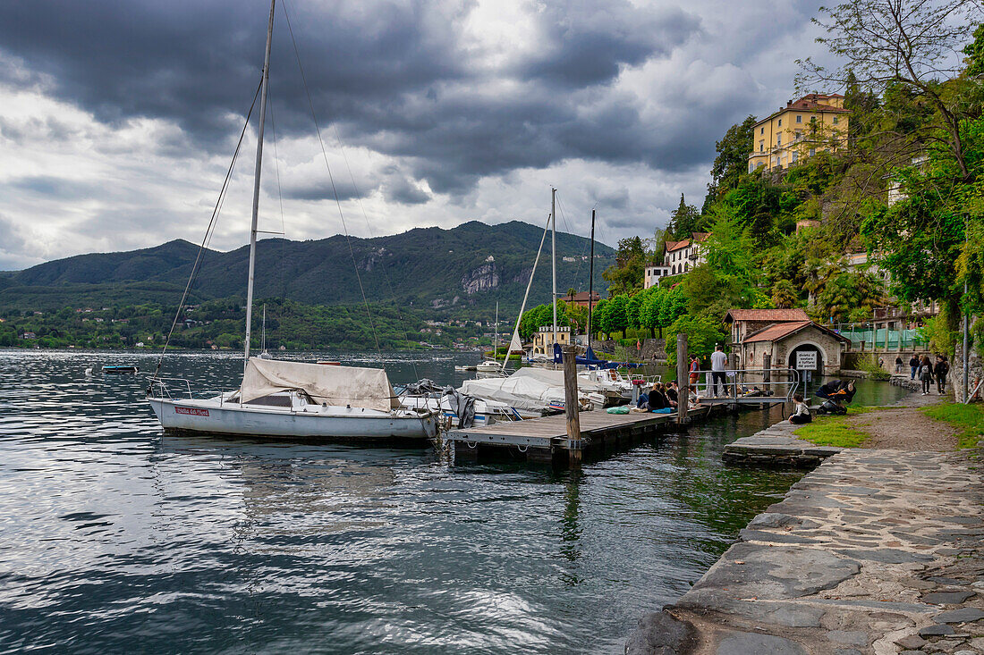 Boats moored on Lake Orta, Orta, Novara district, Italian Lakes, Piedmont, Italy, Europe