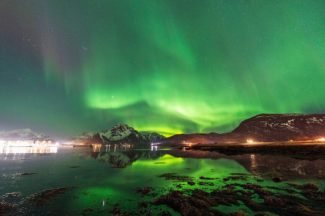 Northern lights (Aaurora borealis) on snowy mountains reflecting in the calm water of the fjord in the Arctic landscape, Vestvagoy, Lofoten Islands, Norway, Scandinavia, Europe