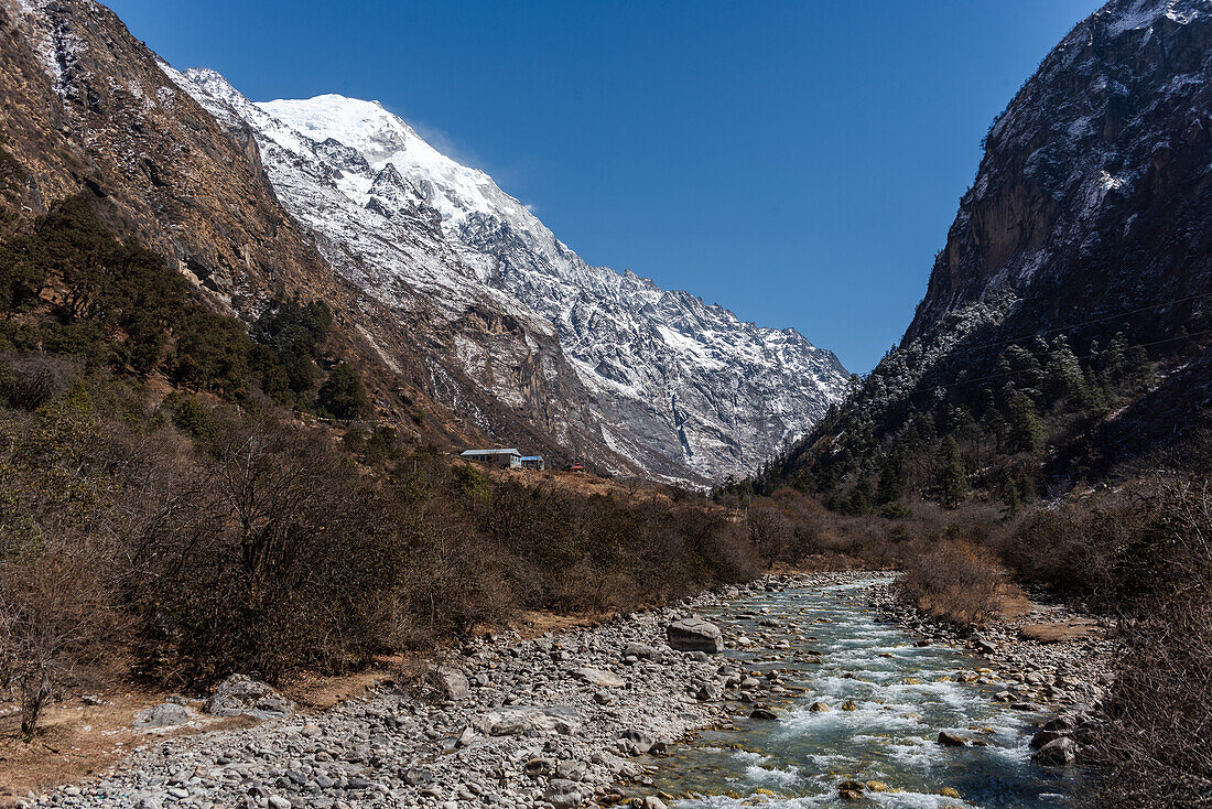 Der Fluss Langtang Khola schlängelt sich durch das Tal, Langtang-Tal-Trek, Himalaya, Nepal, Asien