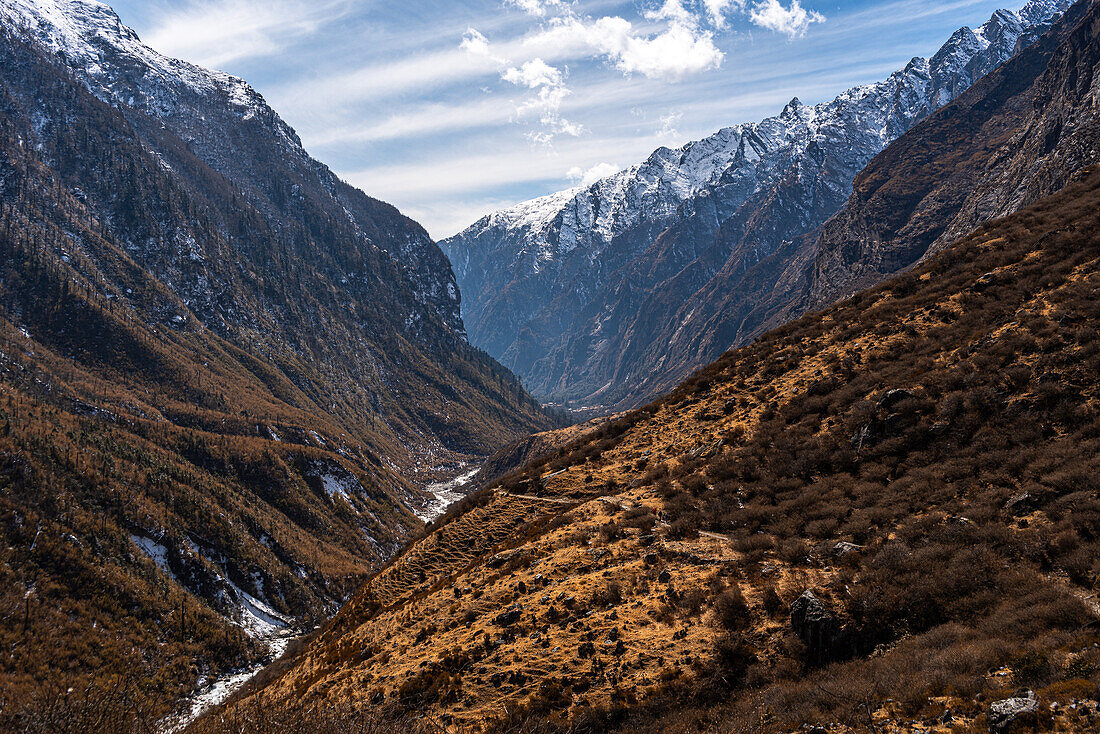 Schöne Landschaft entlang des Langtang-Tal-Treks, Himalaya, Nepal, Asien