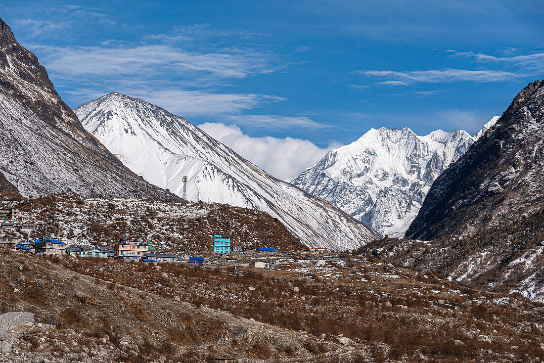 Gelassener Blick auf das Dorf Langtang vor Tserko ri und Gangchempo, Langtang-Tal-Trek, Himalaya, Nepal, Asien