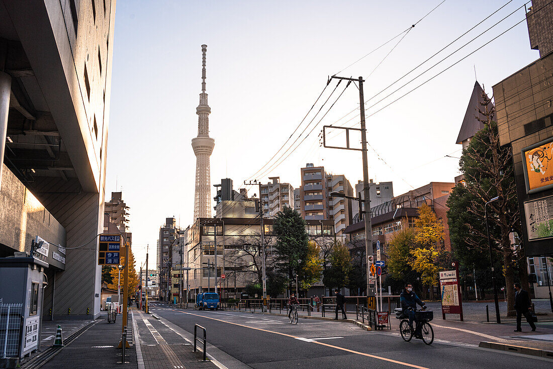 Tokyo Skytree im goldenen Licht des Sonnenuntergangs in den Straßen von Tokyo, Honshu, Japan, Asien