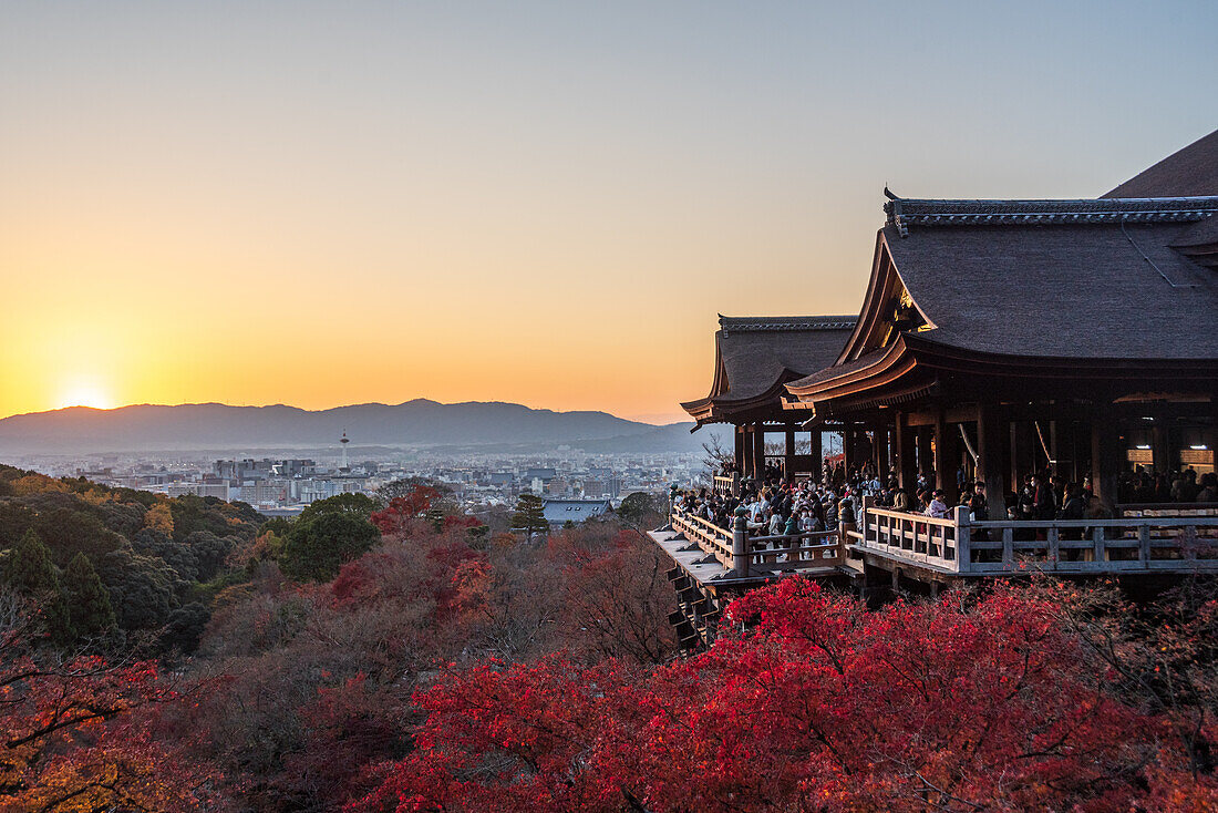 Kiyomizu-Tempel (Kiyomizu-dera) im abendlichen Sonnenuntergang und Herbstlandschaft mit leuchtenden Farben und Skyline, UNESCO-Welterbe, Kyoto, Honshu, Japan, Asien