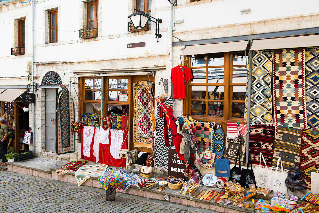 Tourist shop front in Gjirokaster (Gjirokastra), Municipality of Southern Albania, UNESCO World Heritage Site, Albania, Europe