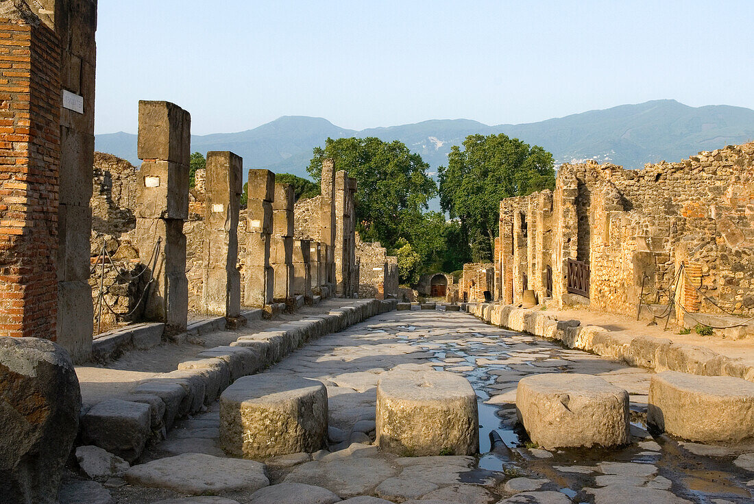 Stepping stones above perpetually flowing water needed to cross street and keep the way clear for carts, archaeological site of Pompeii, UNESCO World Heritage Site, province of Naples, Campania, Italy, Europe