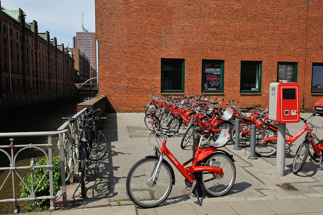 Bike hire station (StadtRAD) in the Speicherstadt (City of Warehouses), HafenCity district, Hamburg, Germany, Europe