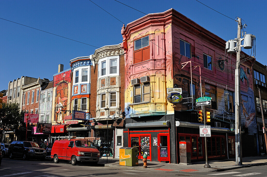 Colored houses in South Street at the intersection with 3rd Street, Philadelphia, Commonwealth of Pennsylvania, United States of America, North America