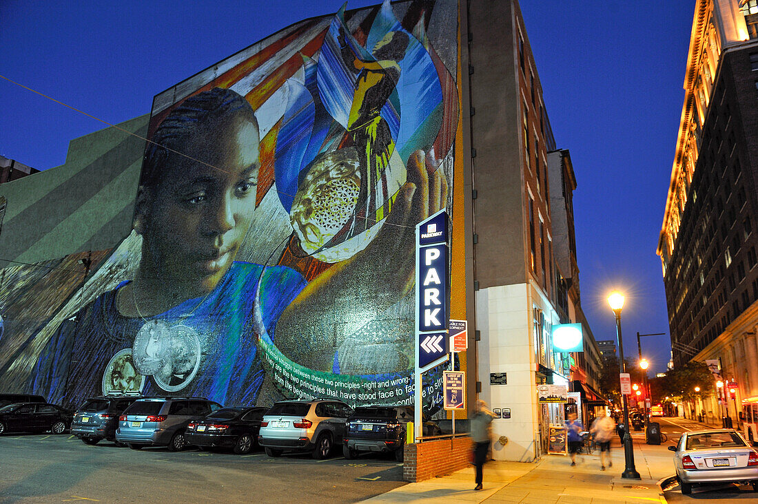 Legacy, Wandgemälde von Josh Sarantitis, gesponsert von der Lincoln Financial Foundation, Mural Arts Program, 707 Chesnut Street, Philadelphia, Commonwealth of Pennsylvania, Vereinigte Staaten von Amerika, Nordamerika