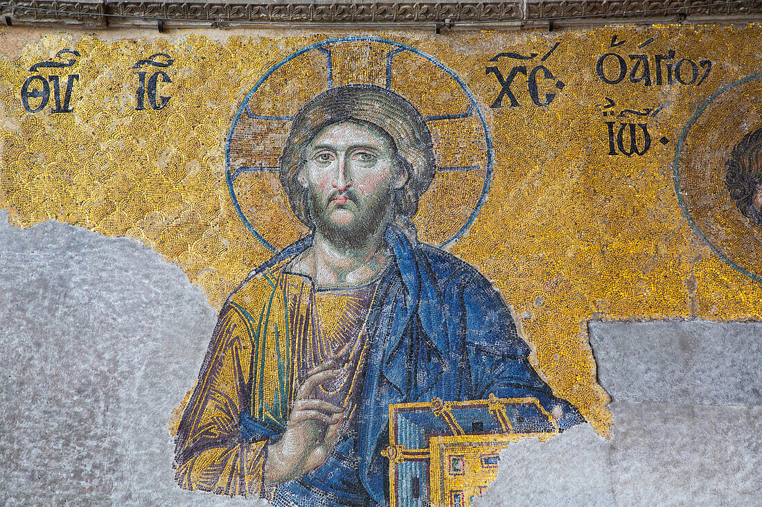 Darstellung von Christus Pantokrator, Deesis-Mosaik von Christus, Innenraum, Große Moschee Hagia Sophia, 537 n. Chr., UNESCO-Welterbe, Sultanahmet, Istanbul, Türkei, Europa