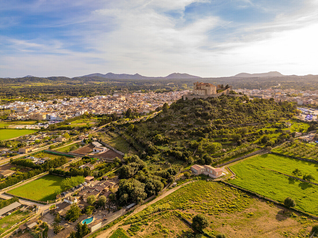 Aerial view of hilltop Santuari de Sant Salvador church in Arta, Majorca, Balearic Islands, Spain, Mediterranean, Europe