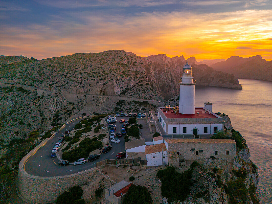 Aerial view of lighthouse at Cap Formentor at sunset, Majorca, Balearic Islands, Spain, Mediterranean, Europe