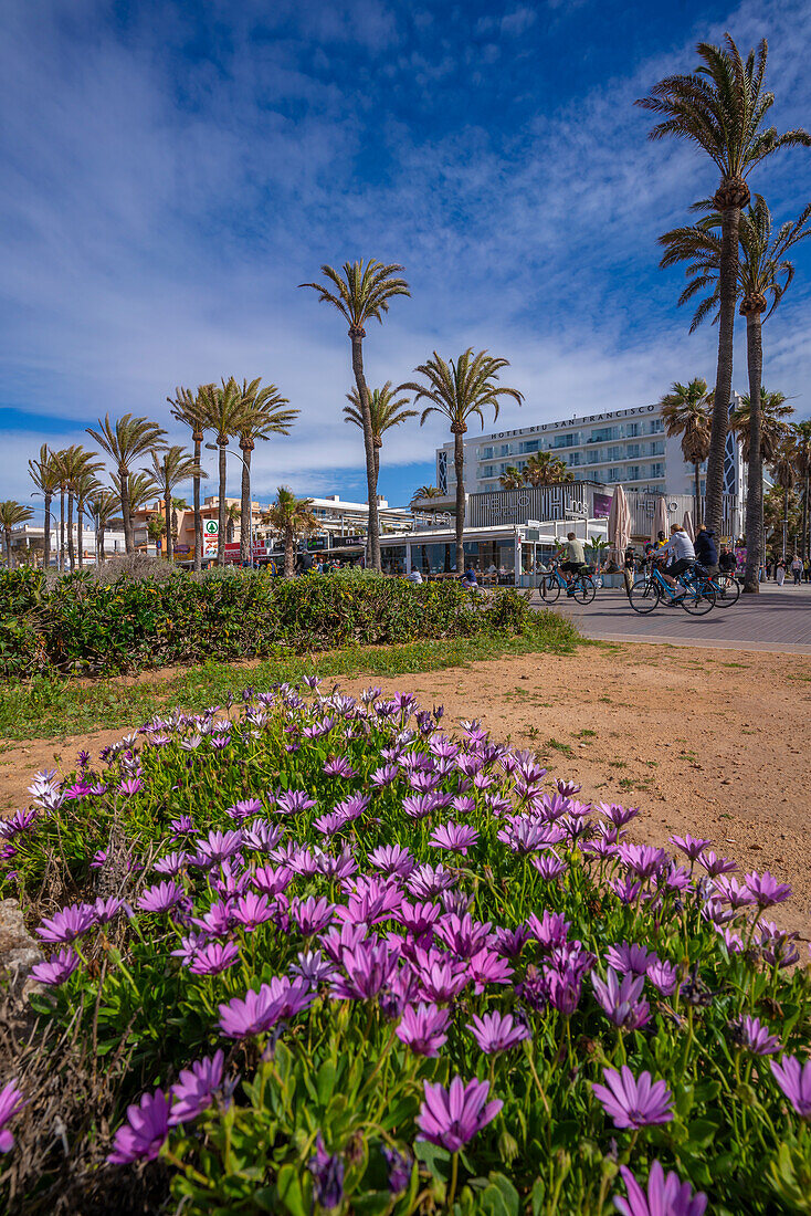 Blick auf Cafés und Bars an der Playa de Palma, S'Arenal, Palma, Mallorca, Balearen, Spanien, Mittelmeer, Europa