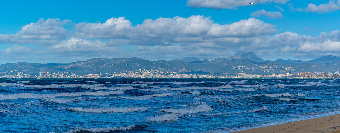 View of Palma and hills in background from S'Arenal, S'Arenal, Palma, Majorca, Balearic Islands, Spain, Mediterranean, Europe