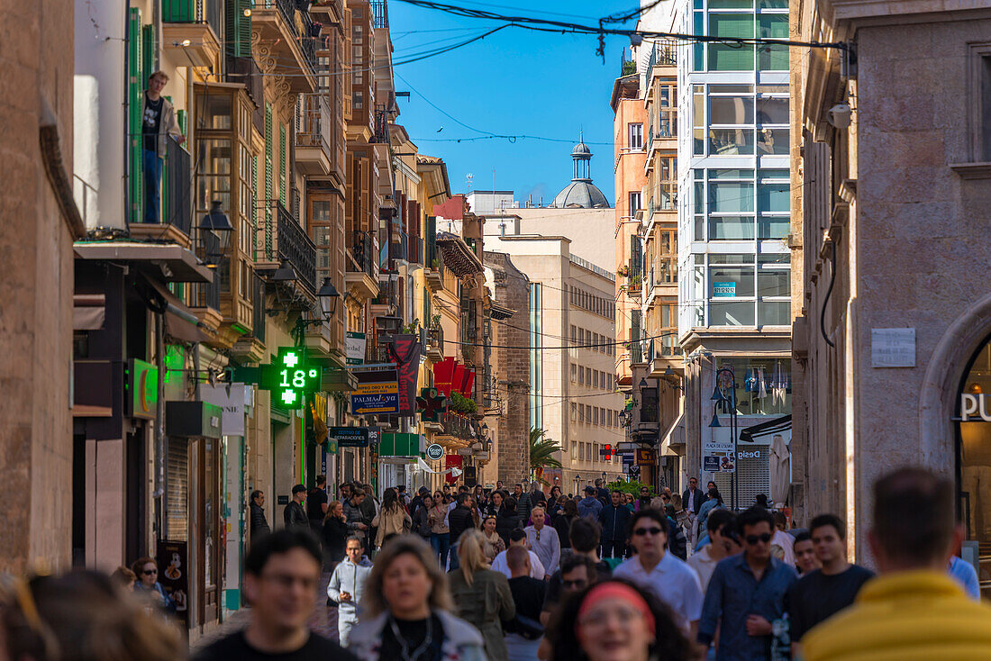 Blick auf eine belebte Straße, die zum Placa Mayor führt, Palma de Mallorca, Mallorca, Balearen, Spanien, Mittelmeer, Europa