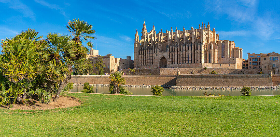 View of Cathedral-BasA?lica de Santa Maria de Mallorca from Passeig MarA?time, Palma de Mallorca, Majorca, Balearic Islands, Spain, Mediterranean, Europe