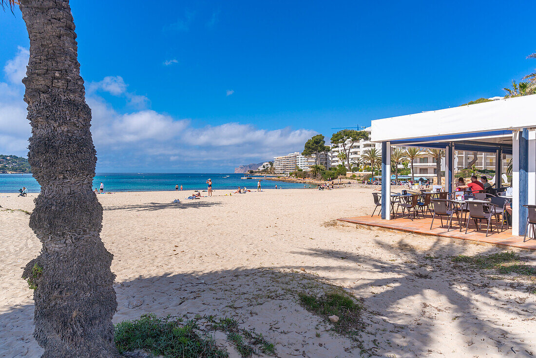 View of beach cafe and hotels in Santa Ponsa, Majorca, Balearic Islands, Spain, Mediterranean, Europe