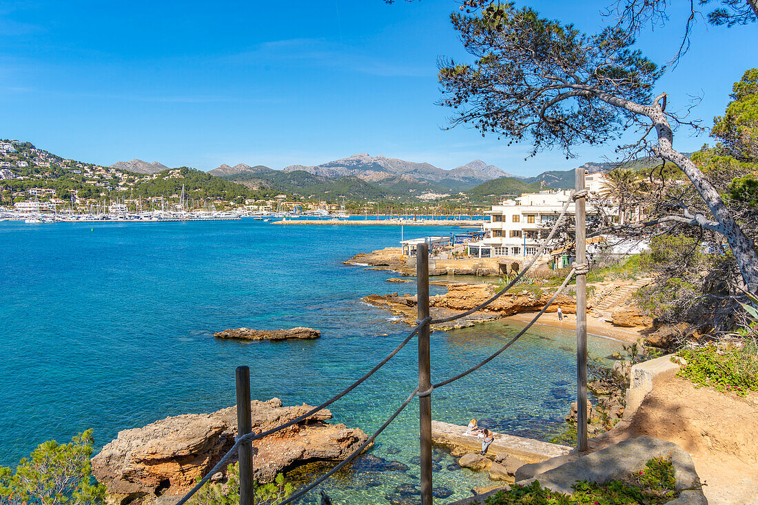 Blick auf die felsige Küste und das Meer in Port d'Andratx, Mallorca, Balearen, Spanien, Mittelmeer, Europa