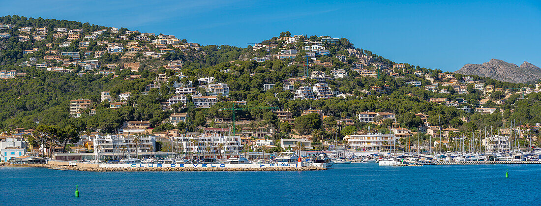 Blick auf Villen, Häuser und Appartements mit Blick auf den Yachthafen von Port d'Andratx, Mallorca, Balearen, Spanien, Mittelmeer, Europa