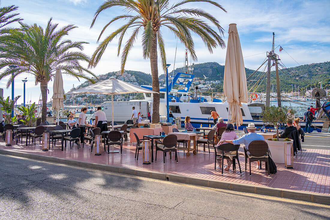 View of cafe at the marina at Port d'Andratx, Majorca, Balearic Islands, Spain, Mediterranean, Europe