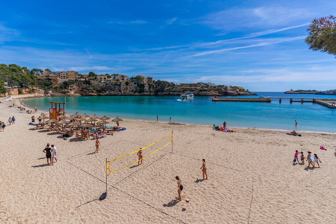 View of Platja de Portocristo beach, Porto Cristo, Majorca, Balearic Islands, Spain, Mediterranean, Europe