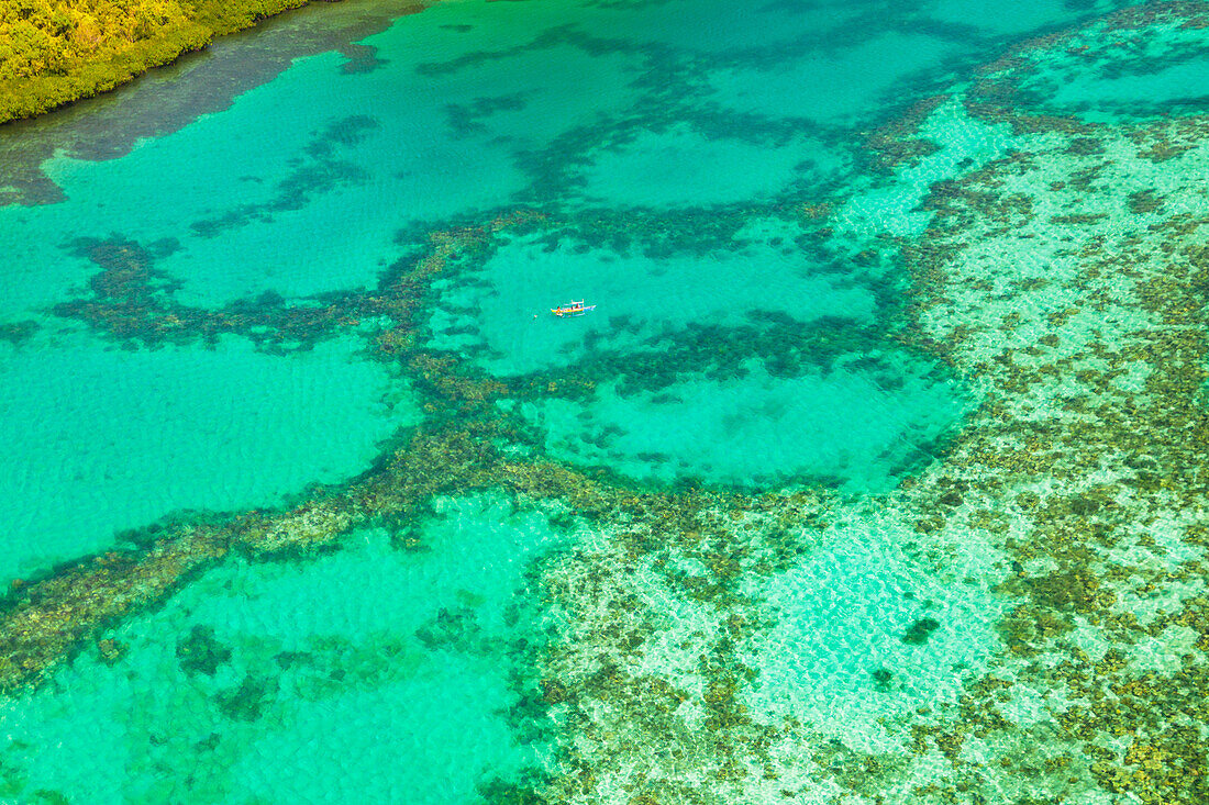 Bangka (boat) over coral, Chindonan Island, Calamian Islands, Coron, Palawan, Philippines, Southeast Asia, Asia