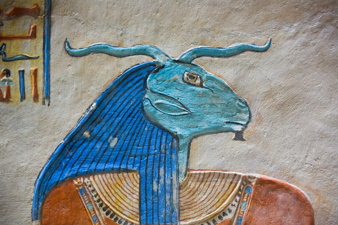 Image of God Khnum, Bas Relief, Tomb of Prince Amenherkhepshef (Amenkopshef), QV55, Valley of the Queens, Ancient Thebes, UNESCO World Heritage Site, Luxor, Egypt, North Africa, Africa