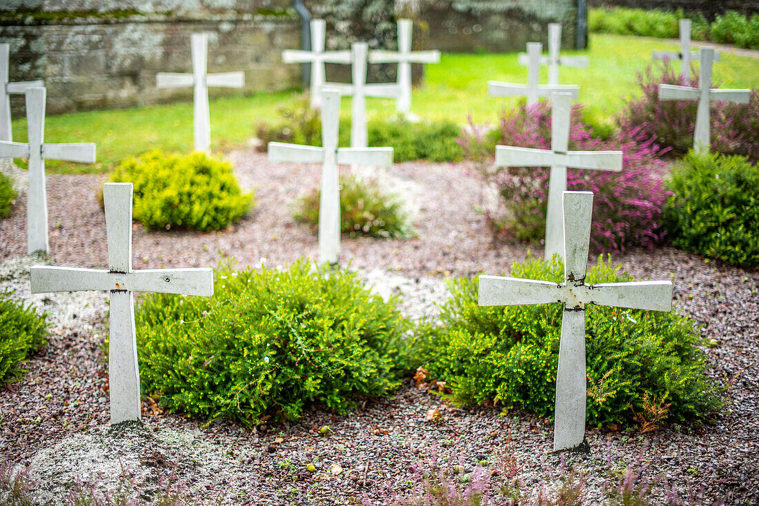 A tranquil scene of a historic cemetery featuring white crosses, located in Guehenno, Brittany, France. Captures feelings of peace and historical significance.