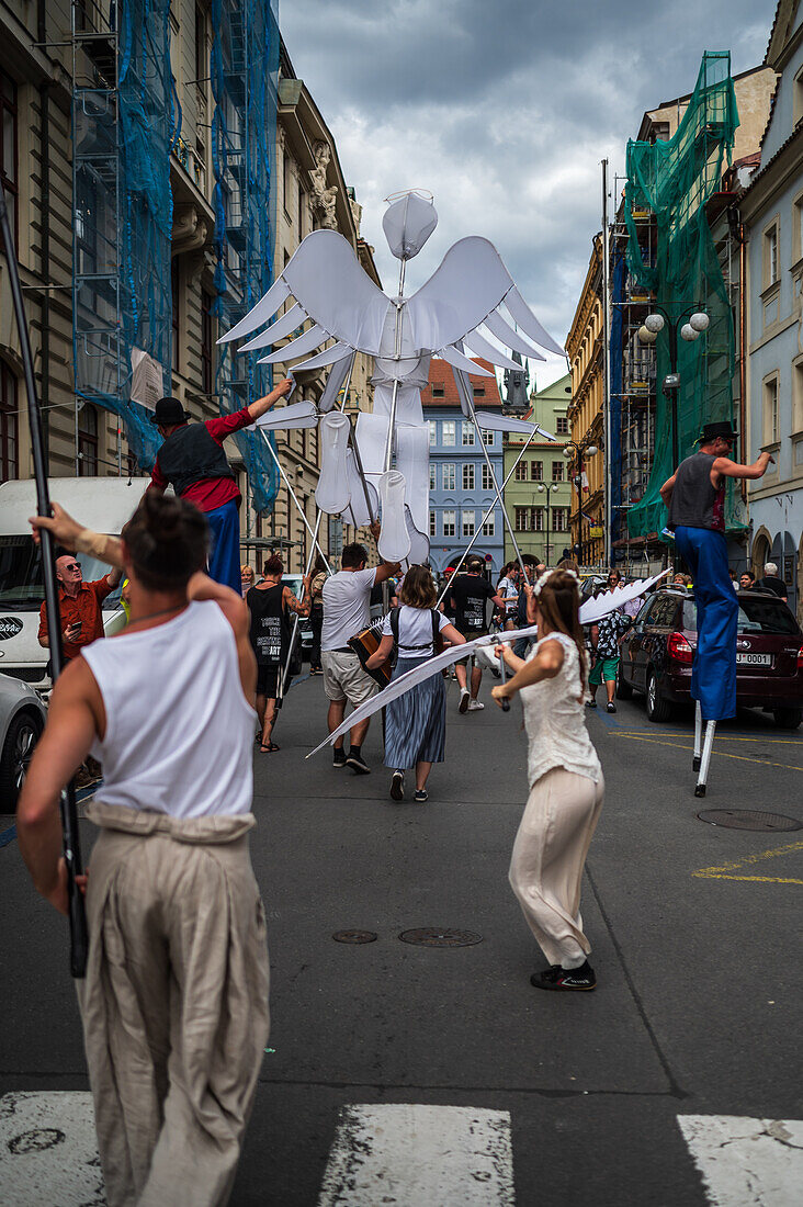 Parade of puppets from Marián Square to Old Town Square during the Prague Street Theatre Festival Behind the Door, Prague, Czech Republic