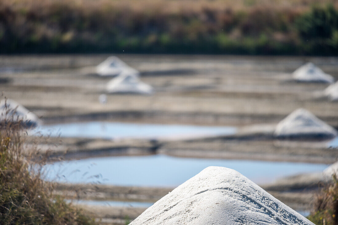 Malerische, sich im Wasser spiegelnde Salzpfähle in Salinas de Guerande, Frankreich, die den traditionellen Prozess der Salzgewinnung veranschaulichen.