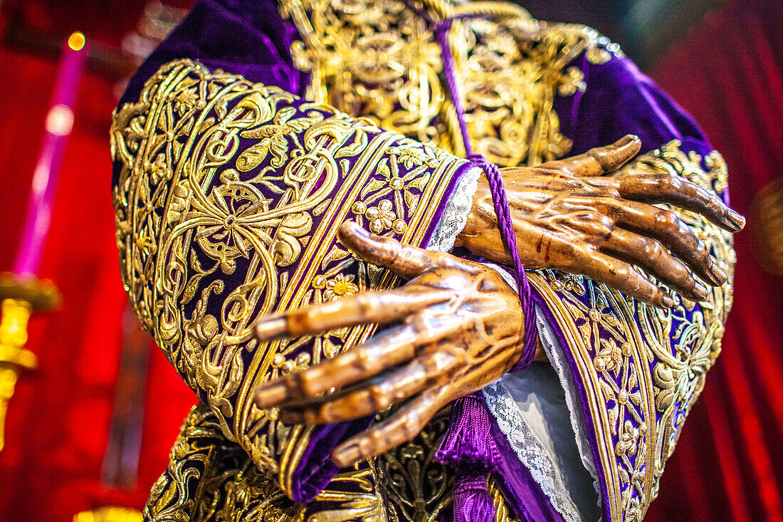 Close up of the XVII-century Nuestro Padre Jesus Nazareno statue from Hermandad del Silencio during Semana Santa in Sevilla, Spain.