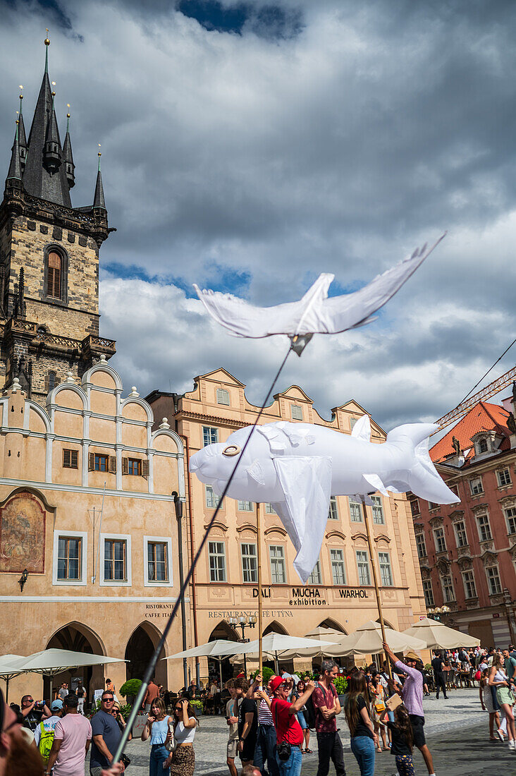 Parade of puppets from Marián Square to Old Town Square during the Prague Street Theatre Festival Behind the Door, Prague, Czech Republic