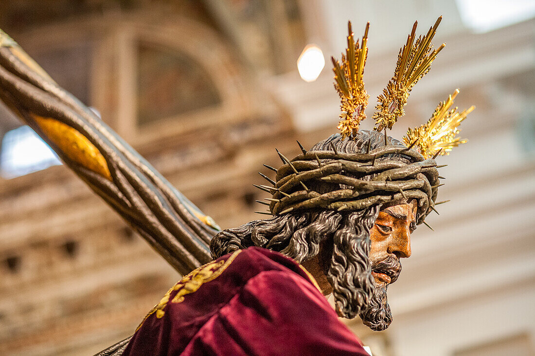 Close up image of the Jesus del Gran Poder statue, a masterpiece by Juan de Mesa from 1620, located in Seville, Spain.