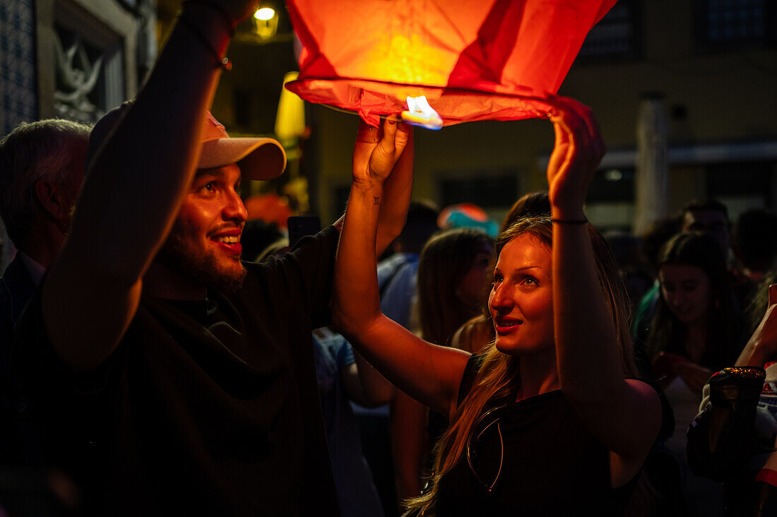 Hot air balloons launching during Festival of St John of Porto (Festa de São João do Porto ) during Midsummer, on the night of 23 June (Saint John's Eve), in the city of Porto, Portugal