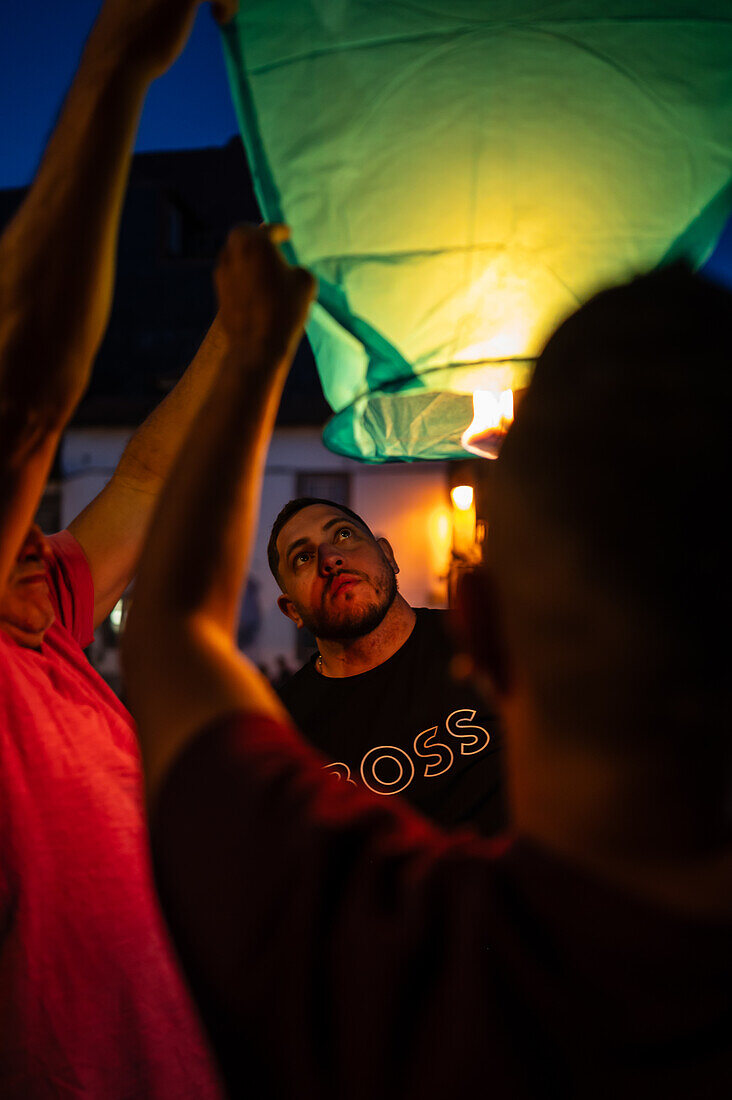 Hot air balloons launching during Festival of St John of Porto (Festa de São João do Porto ) during Midsummer, on the night of 23 June (Saint John's Eve), in the city of Porto, Portugal