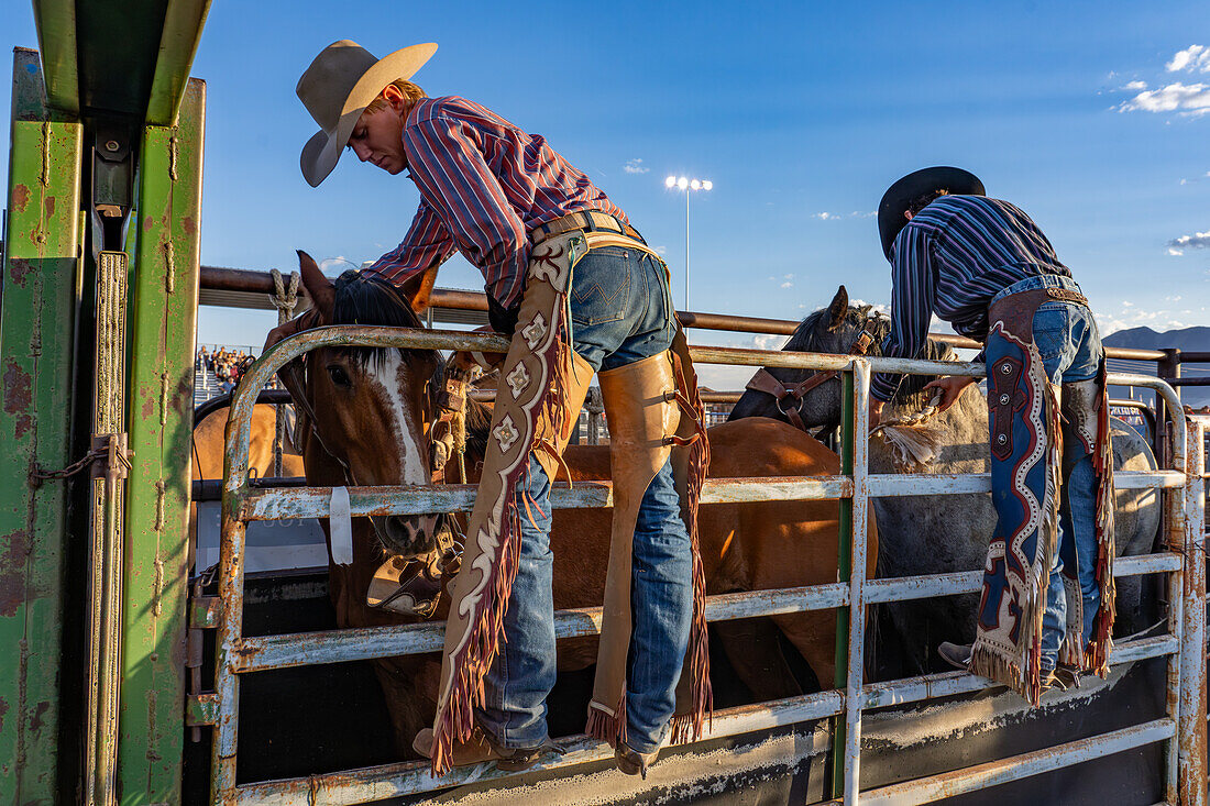 Saddle-Bronc-Cowboys in Lederchaps legen bei einem Rodeo im ländlichen Utah den bockenden Pferden in der Rutsche Zügel und Halfter an. Logan Nunn ist rechts zu sehen.