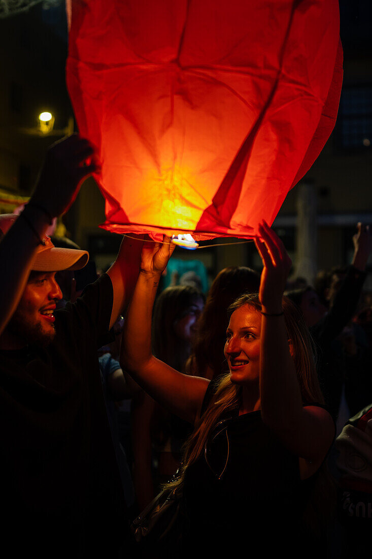 Hot air balloons launching during Festival of St John of Porto (Festa de São João do Porto ) during Midsummer, on the night of 23 June (Saint John's Eve), in the city of Porto, Portugal