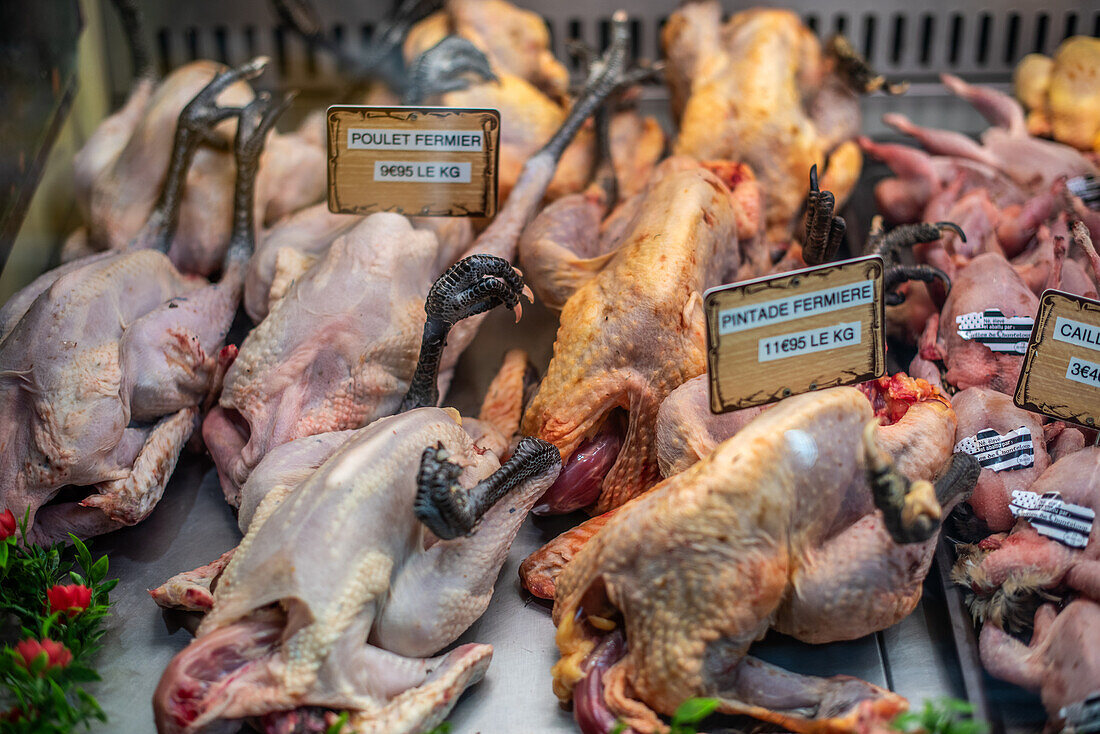 Various types of fresh poultry displayed for sale at a local market in Vannes, Brittany, France. Includes farm-raised chicken, guinea fowl, and quail.