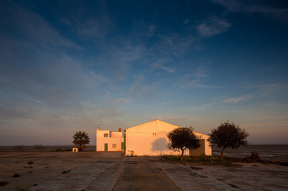 Friedlicher Sonnenaufgang über den Reisfeldern auf der Isla Mayor, Sevilla, Spanien. Das frühe Morgenlicht taucht ein weißes Gebäude und die umliegende Landschaft.