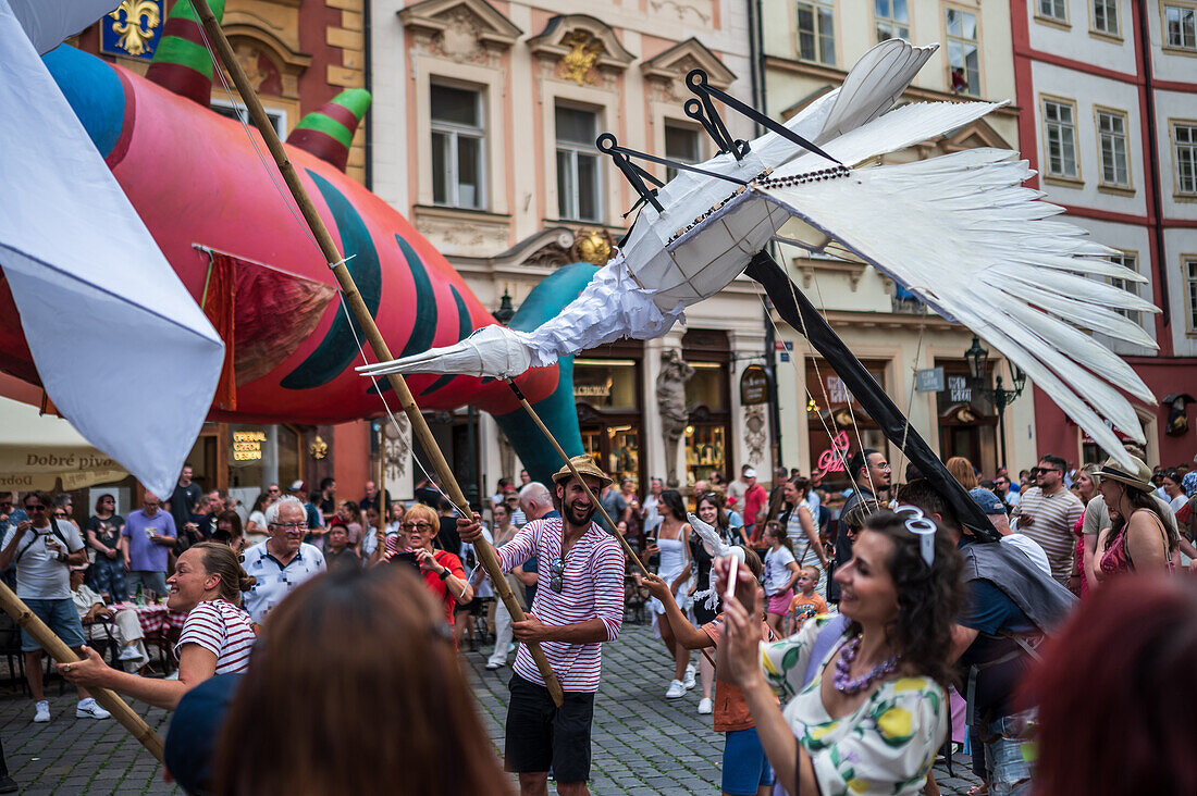 Parade of puppets from Marián Square to Old Town Square during the Prague Street Theatre Festival Behind the Door, Prague, Czech Republic