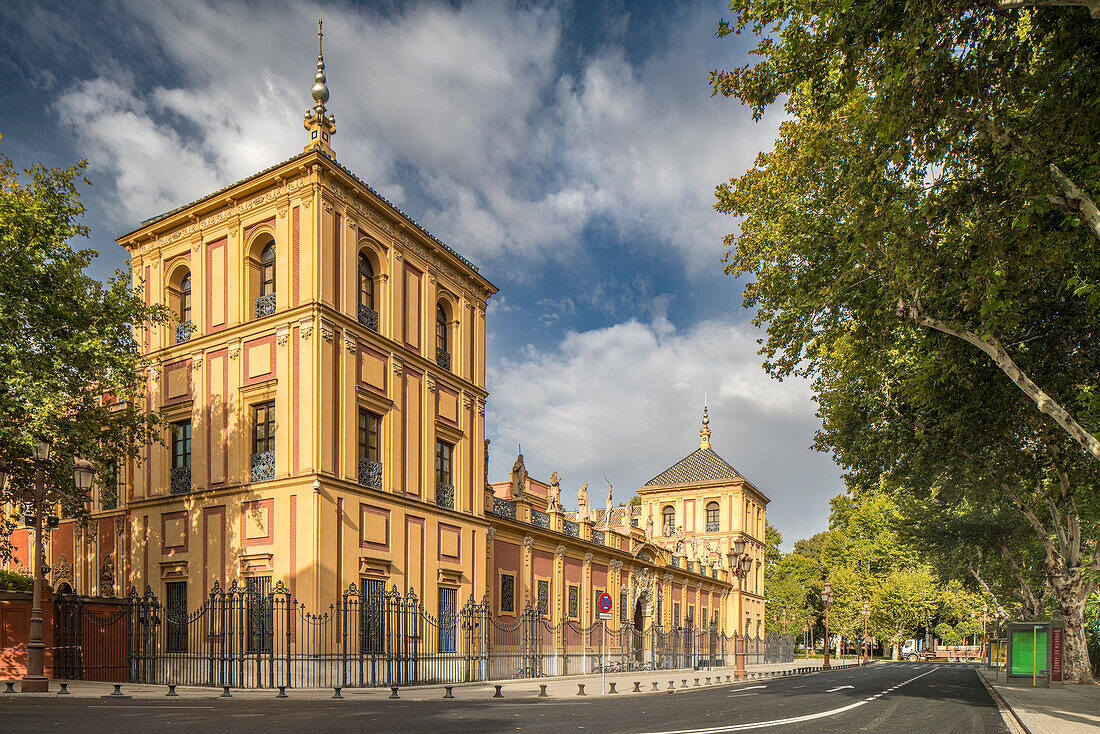 The north facade of the 18th-century Palacio de San Telmo with statues of illustrious sevillians by sculptor Antonio Susillo, located in Seville, Spain.