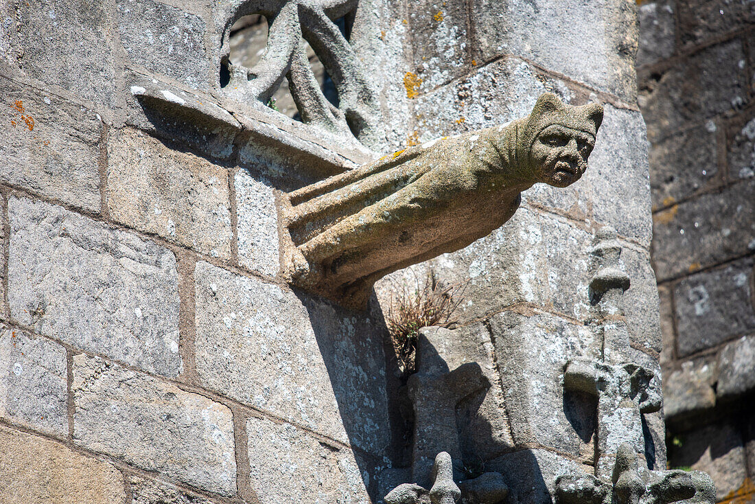 Detailaufnahme einer historischen Wasserspeier-Statue auf der Collegiale Saint Aubin in Guerande, Frankreich, die gotische Architektur zeigt.